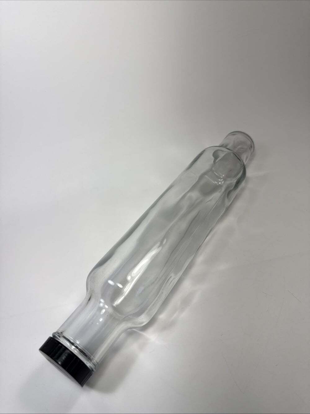 VTG Clear Hollow Glass Rolling Pin Black Bakelite Screw Cap 14” Ice Water L1
